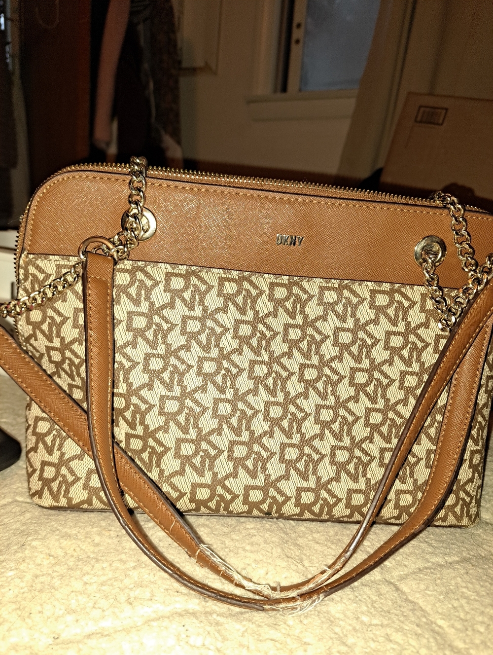 DKNY Brown and Cream Monogram Shoulder Bag with Chain